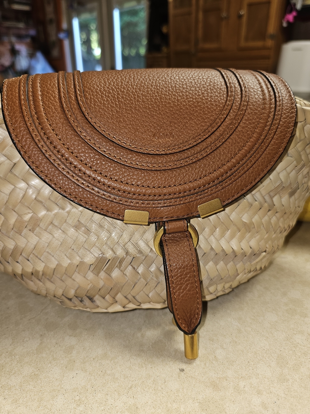 Chloé Tan Leather-Trim Woven Satchel with Gold Hardware